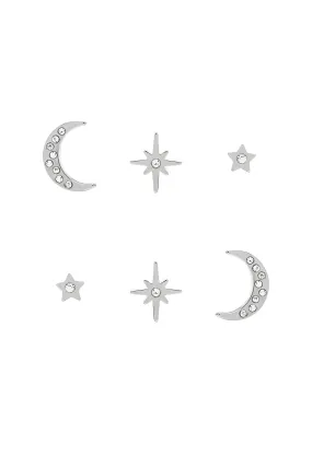 Olivia Burton stainless steel earrings set with North Star, Moon, and Stud designs.