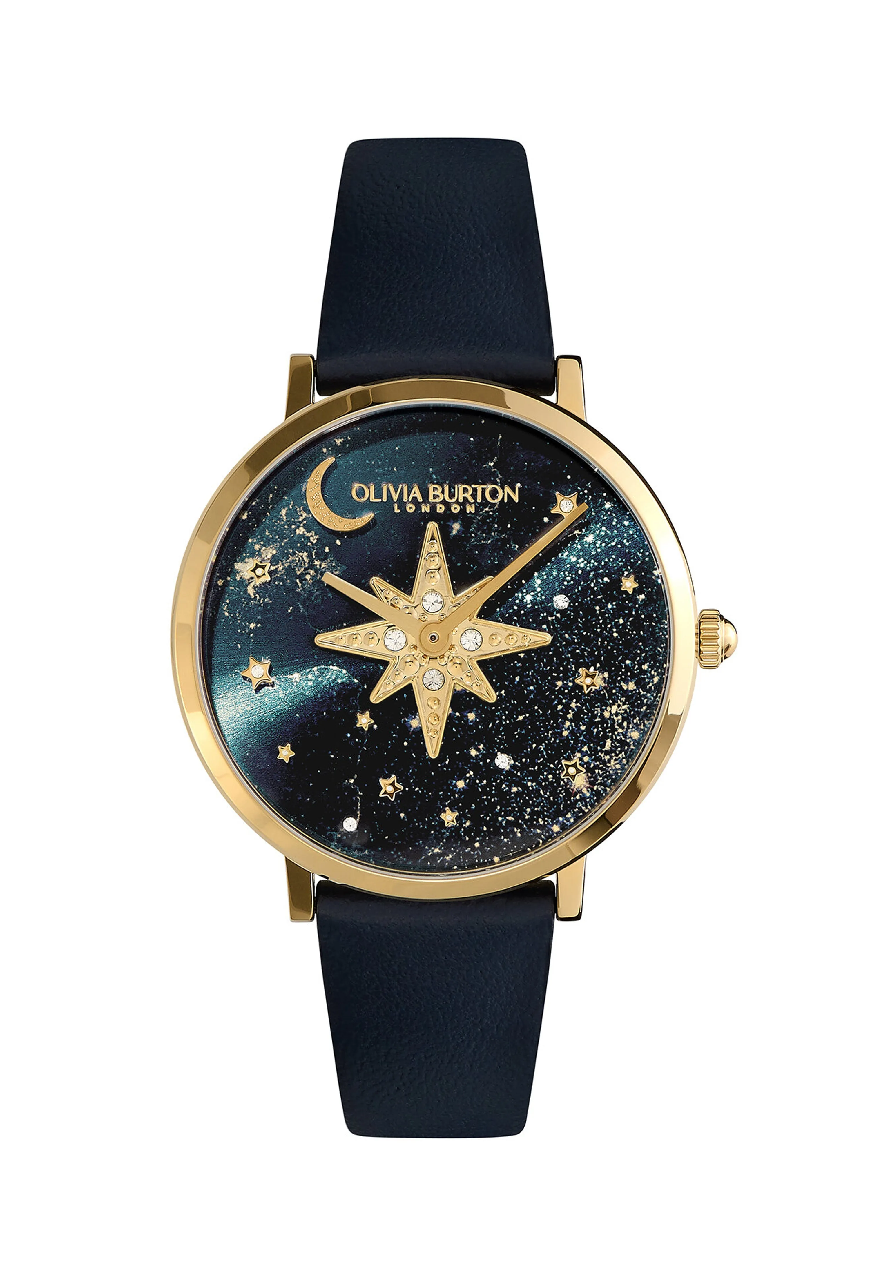 Olivia Burton women's celestial nova blue dial gold plated watch with strap.