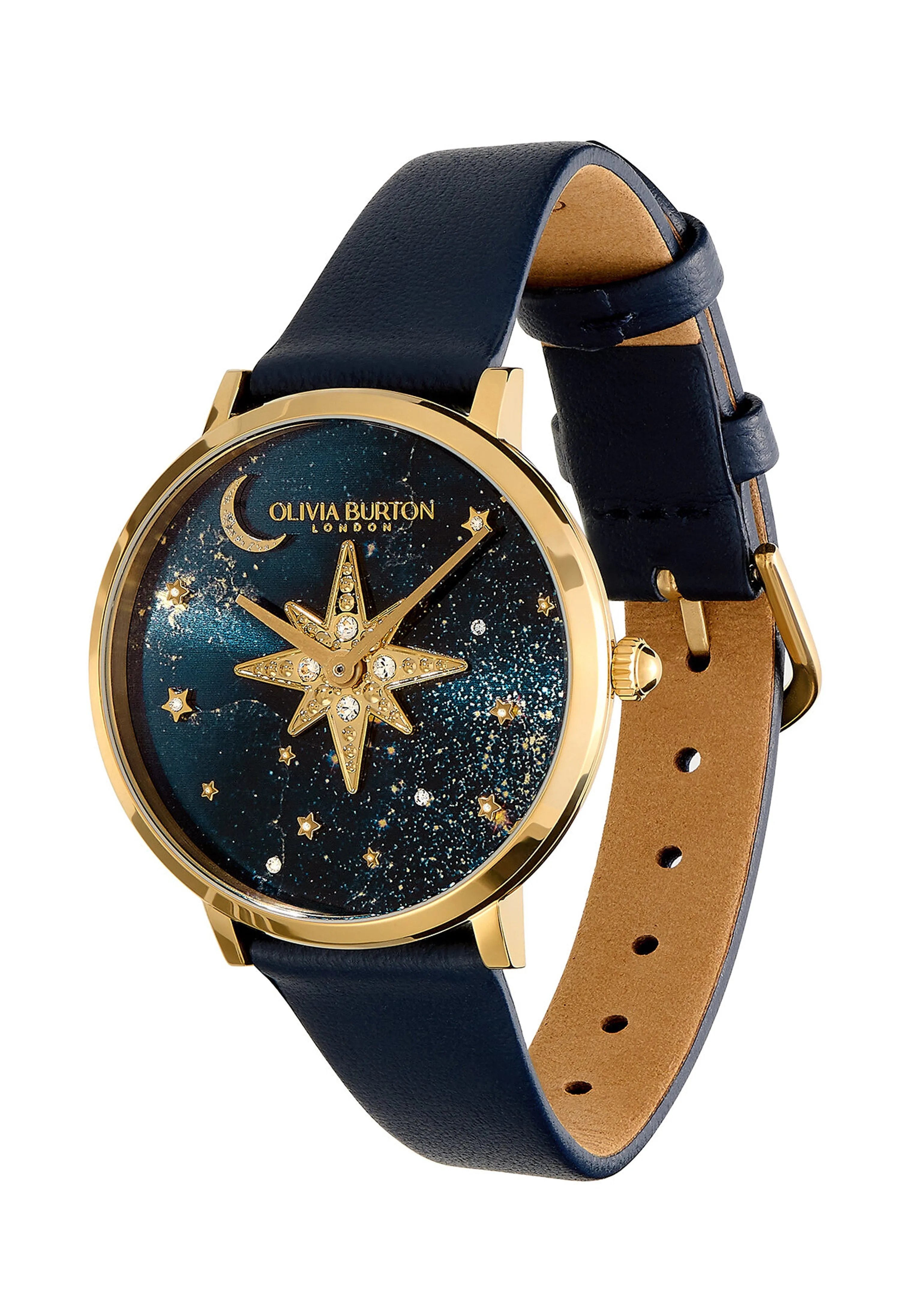 Olivia Burton women's celestial nova blue dial gold plated watch with strap.