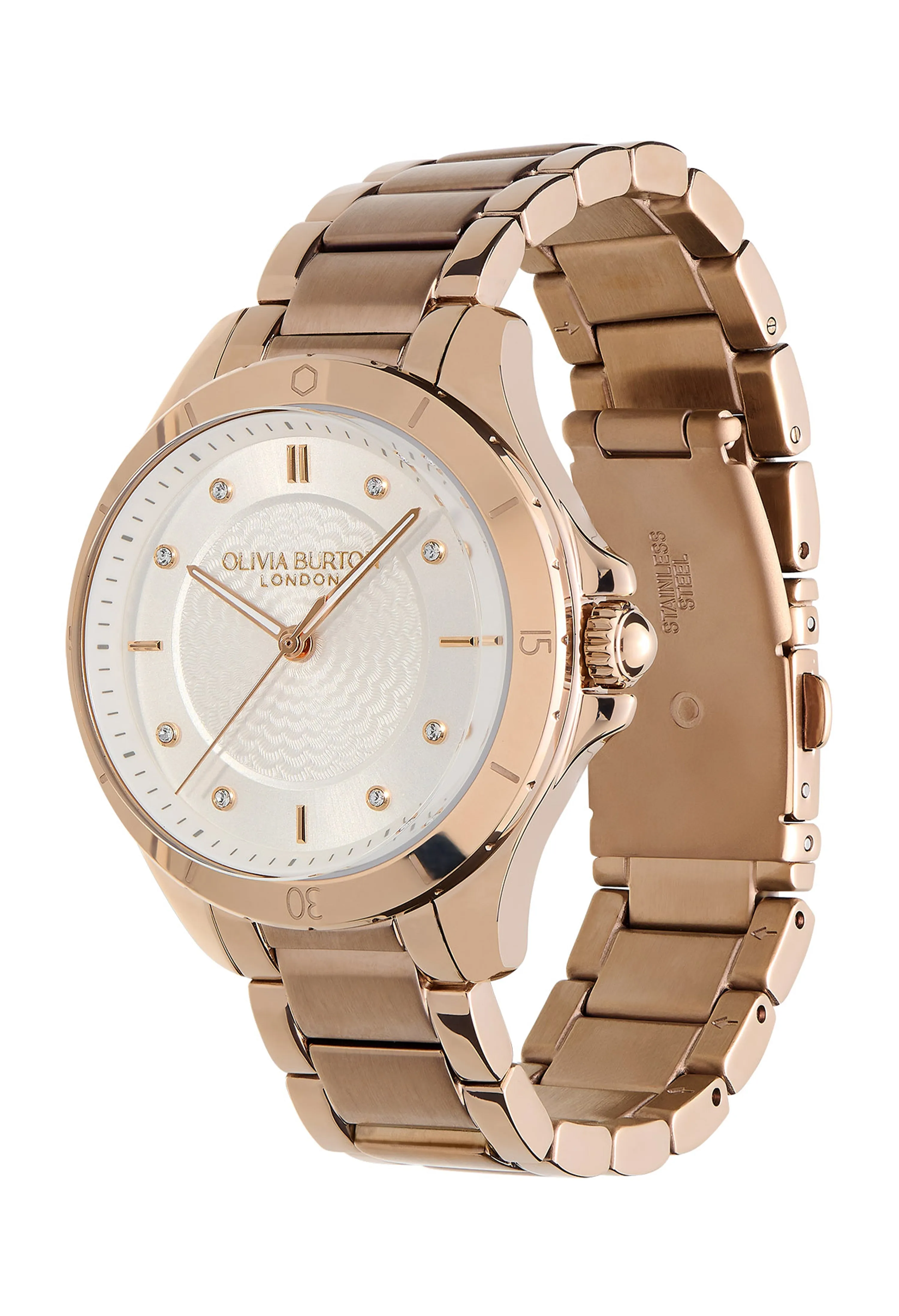 Olivia Burton women's rose gold plated bracelet watch with guilloche design