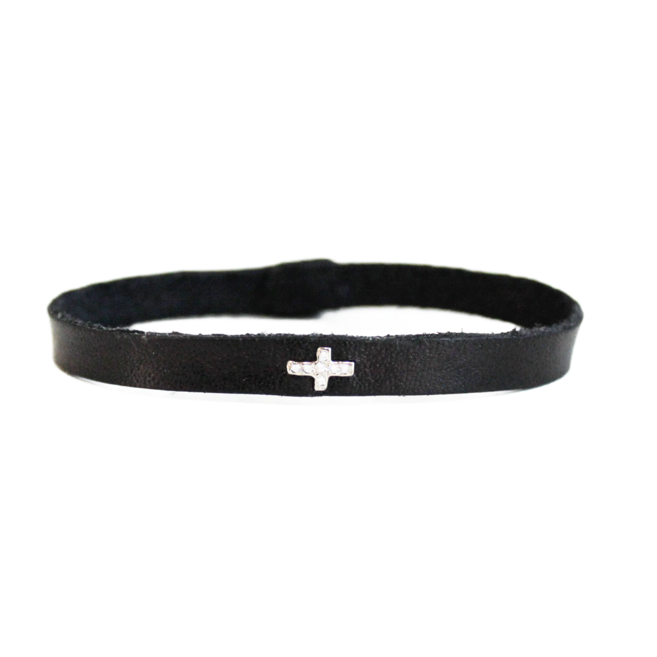 Pave Diamond Cross Leather Bracelet can be rewritten as Diamond Cross Leather Bracelet with Pave Detailing.