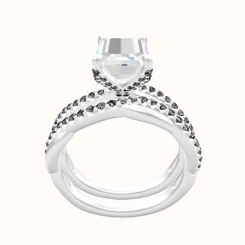 Pave Rope Diamond Engagement Ring Set with Petal Detailing and Matching Band