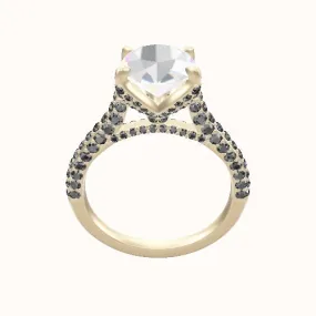 Petite Three Row Engagement Ring With Pave Petal Prong Setting.