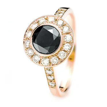 Rose Gold Ring - Black Diamond centre - Natural Yellow Diamond Halo