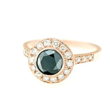 Rose Gold Ring - Black Diamond centre - Natural Yellow Diamond Halo