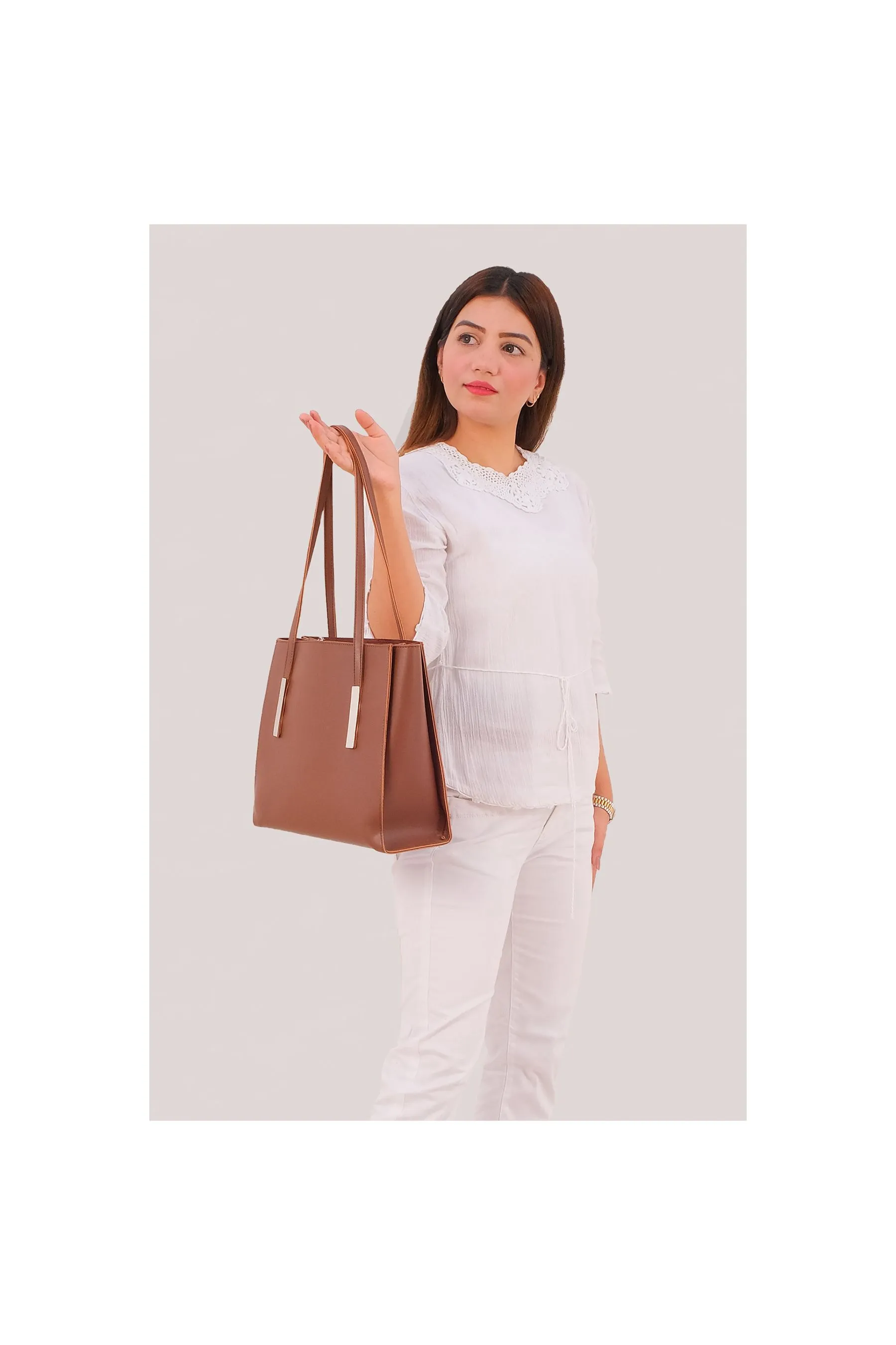 RTW Brown Zipper Shoulder Bag With Long Handle Brown Women Shoulder Bags