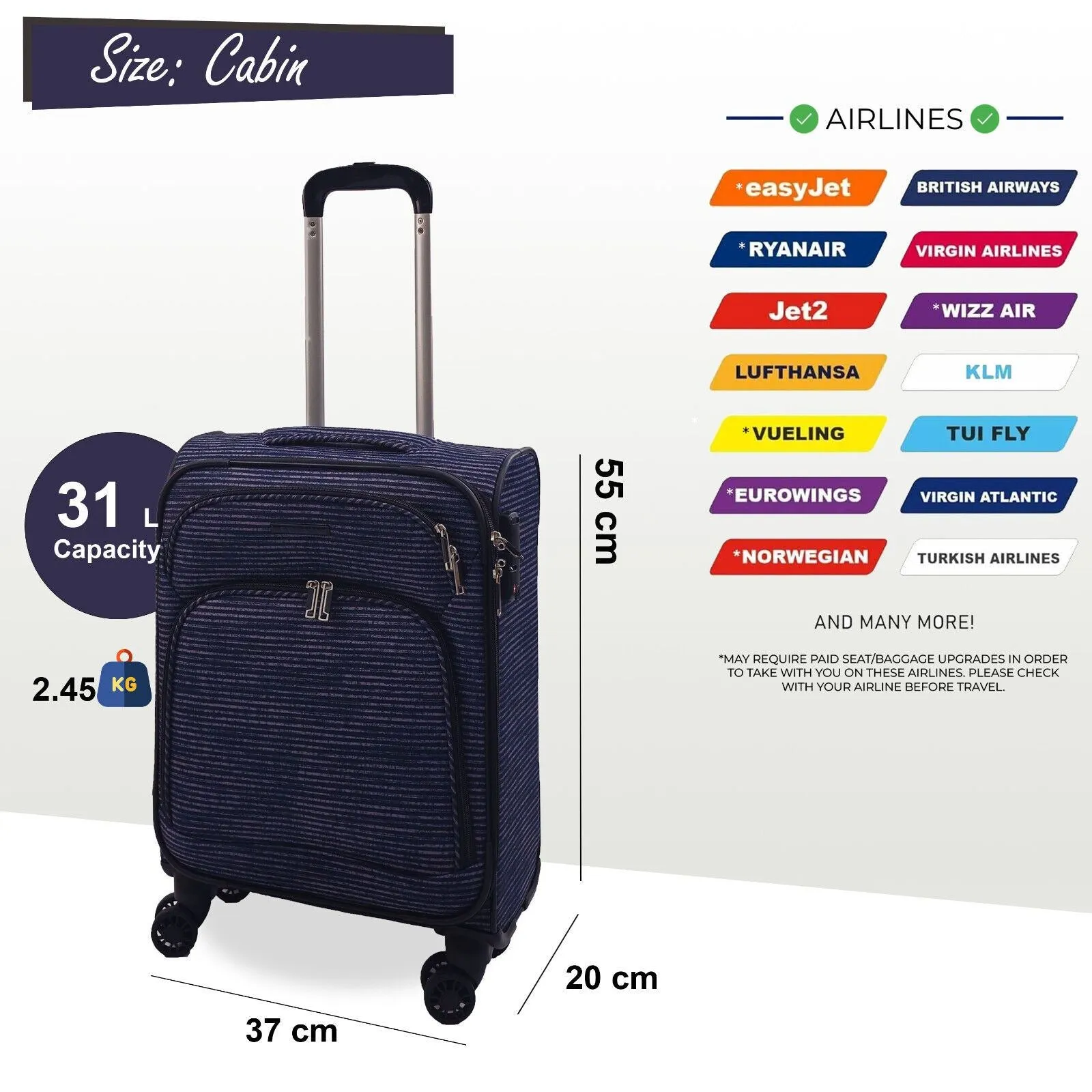 Soft Shell Cabin Suitcase 55 x 37 x 20 cm Lightweight Luggage Suitable for Easyjet, Ryanair