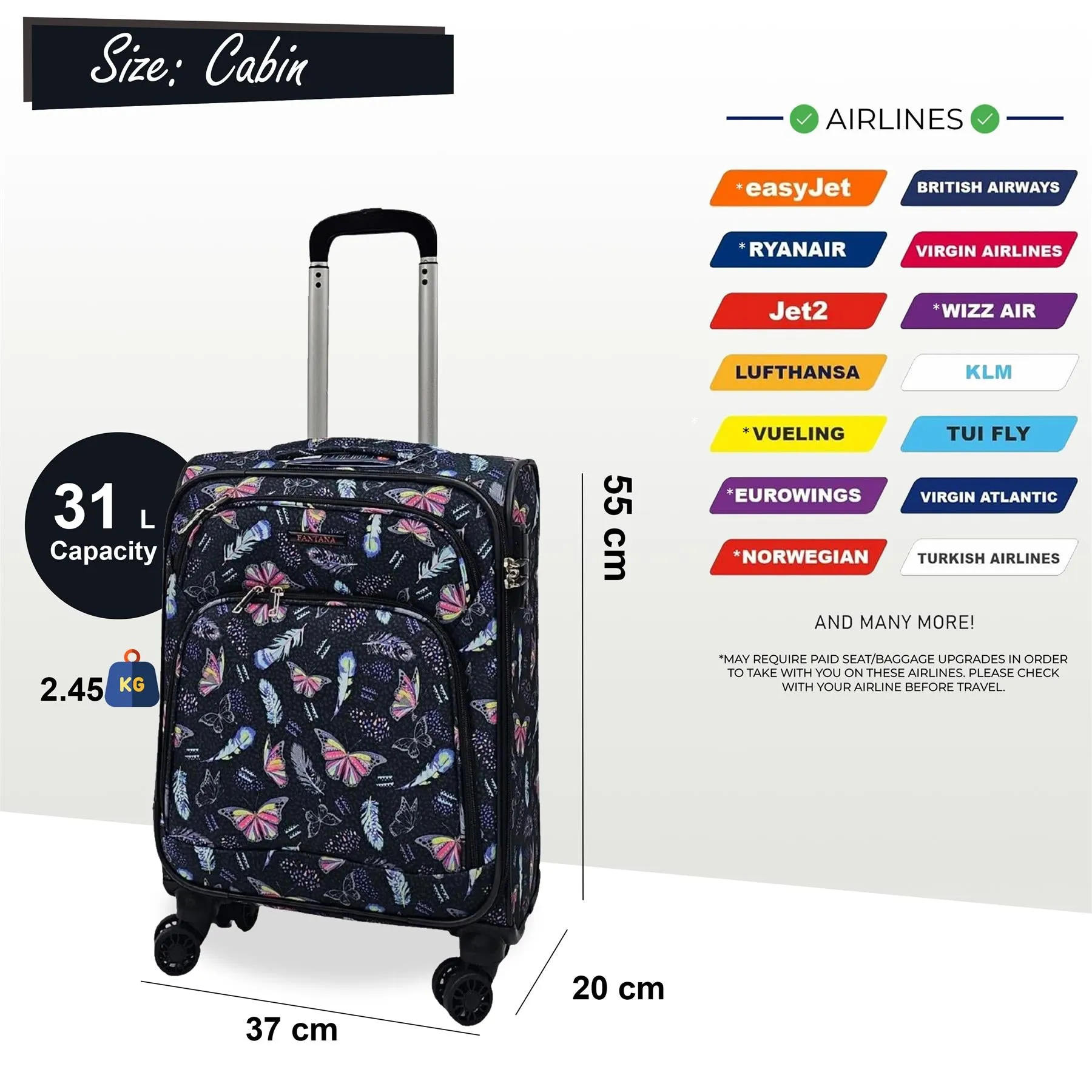 Soft Shell Cabin Suitcase 55 x 37 x 20 cm Lightweight Luggage Suitable for Easyjet, Ryanair