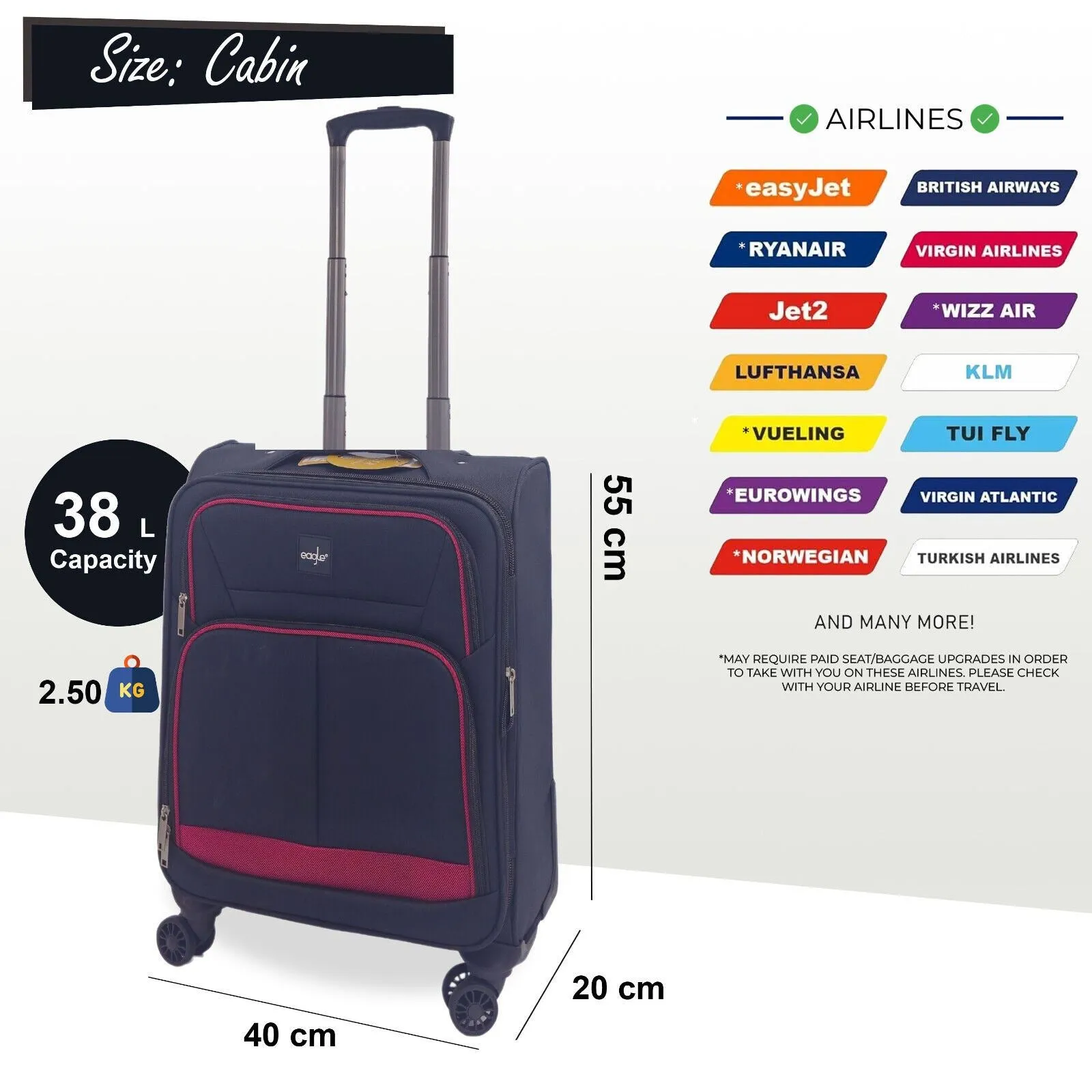 Soft Shell Cabin Suitcase 55 x 40 x 20 cm Lightweight Luggage Suitable for Easyjet, Ryanair