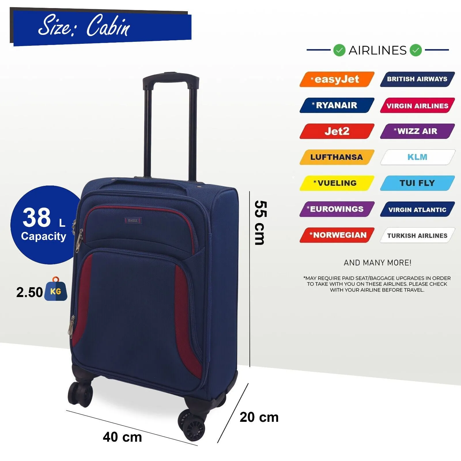 Soft Shell Cabin Suitcase 55 x 40 x 20 cm Lightweight Luggage Suitable for Easyjet, Ryanair