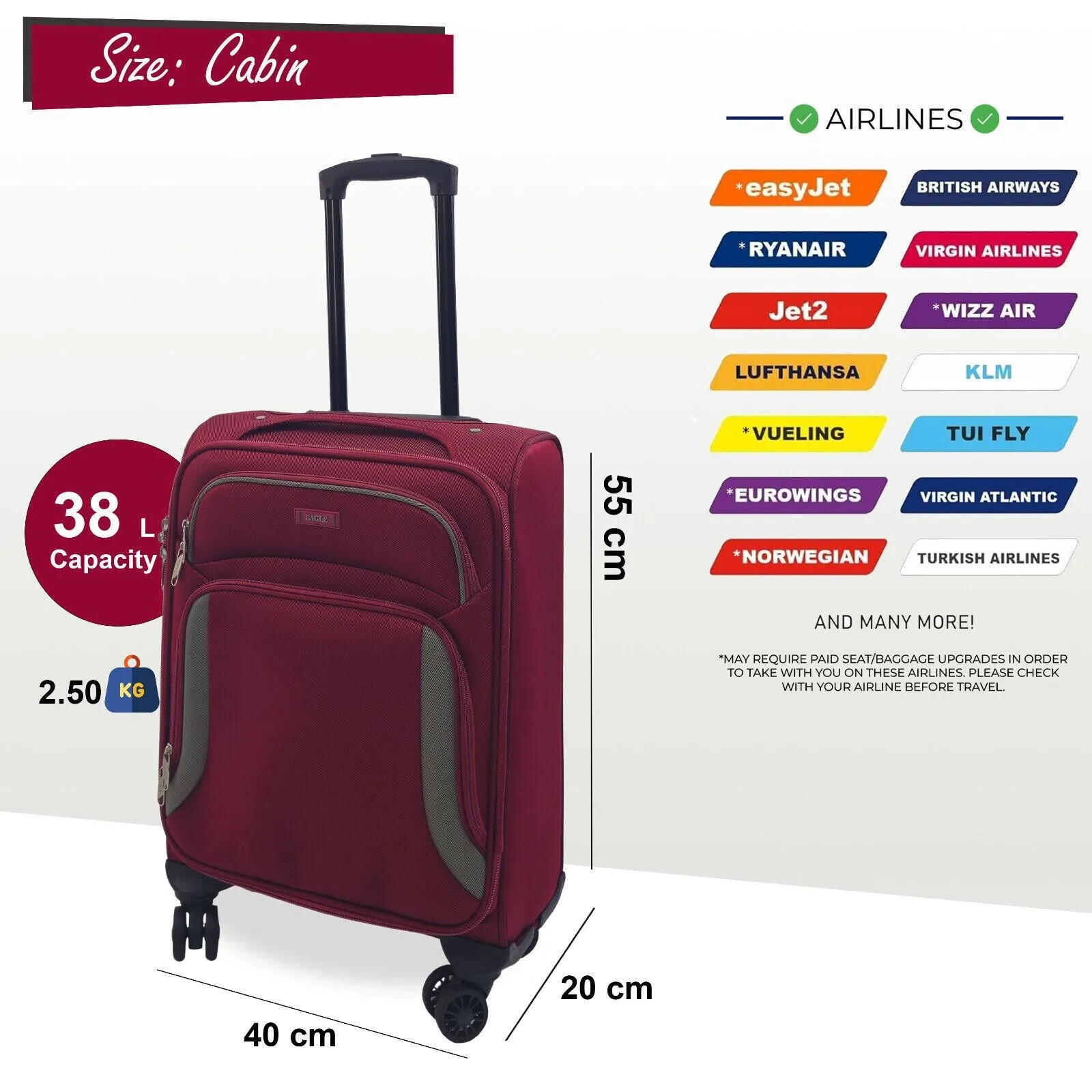 Soft Shell Cabin Suitcase 55 x 40 x 20 cm Lightweight Luggage Suitable for Easyjet, Ryanair