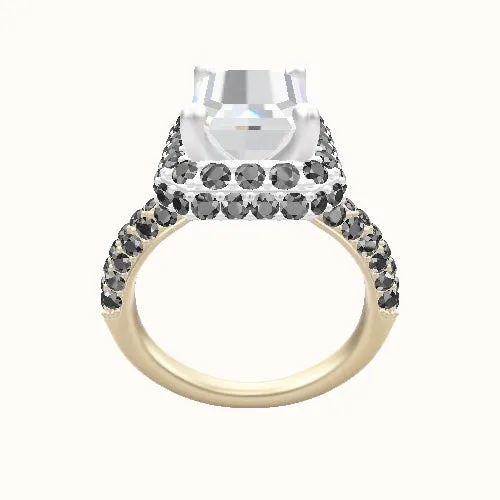 Three Row Pave Engagement Ring with High Set Waterfall Halo Head - Cathedral Design