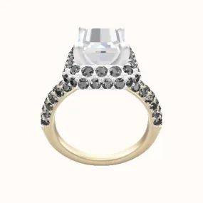 Three Row Pave Engagement Ring with High Set Waterfall Halo Head - Cathedral Design