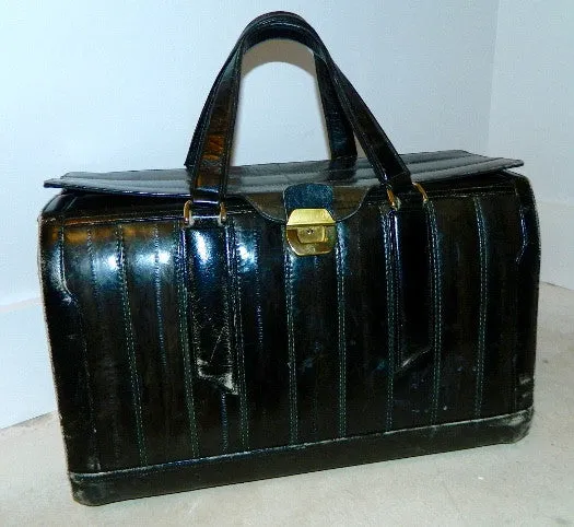 vintage 1970s black EEL SKIN bag valise suitcase carry on luggage