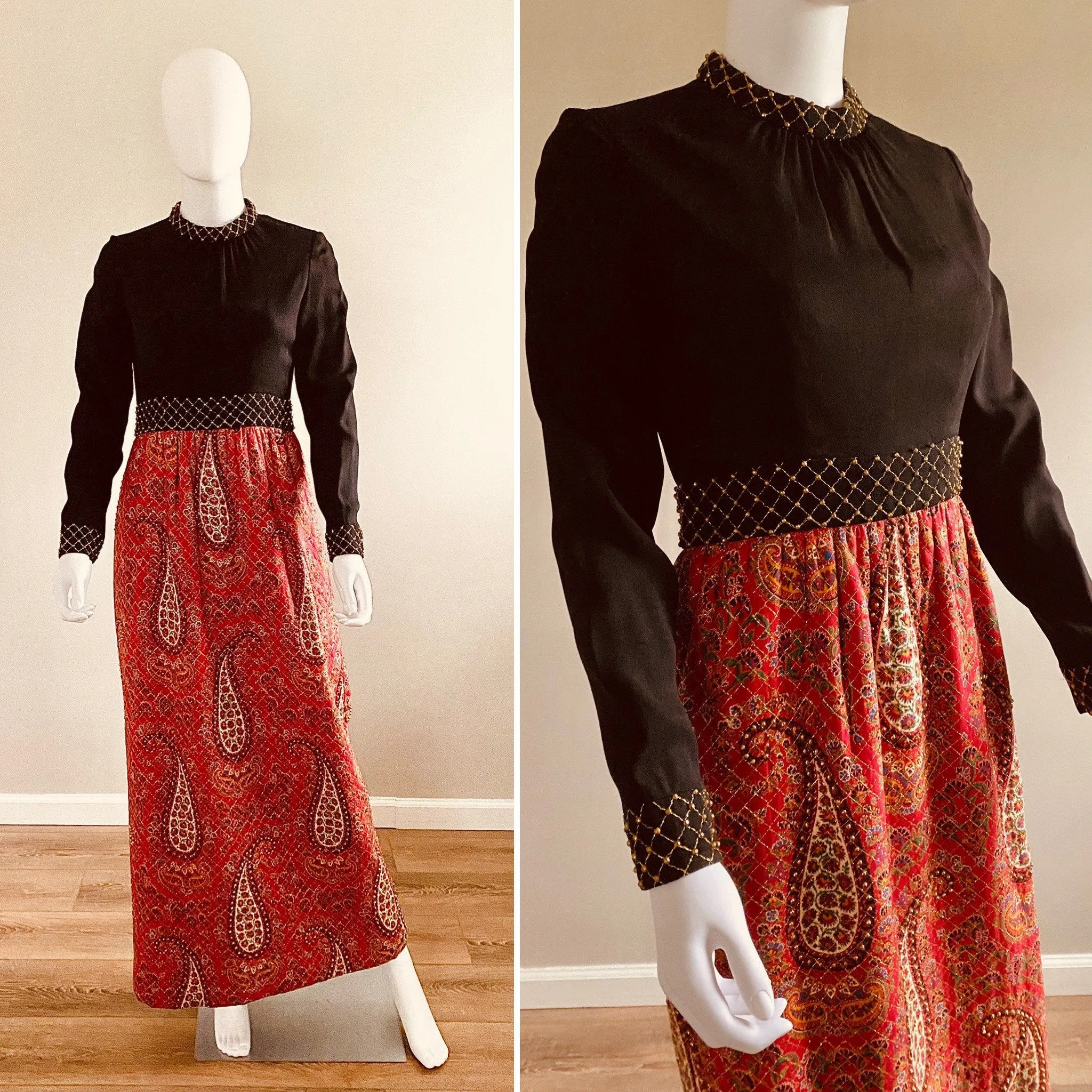 Vintage 1970s Studded Maxi Dress, 70s Donald Brooks Holiday Dress, Size S