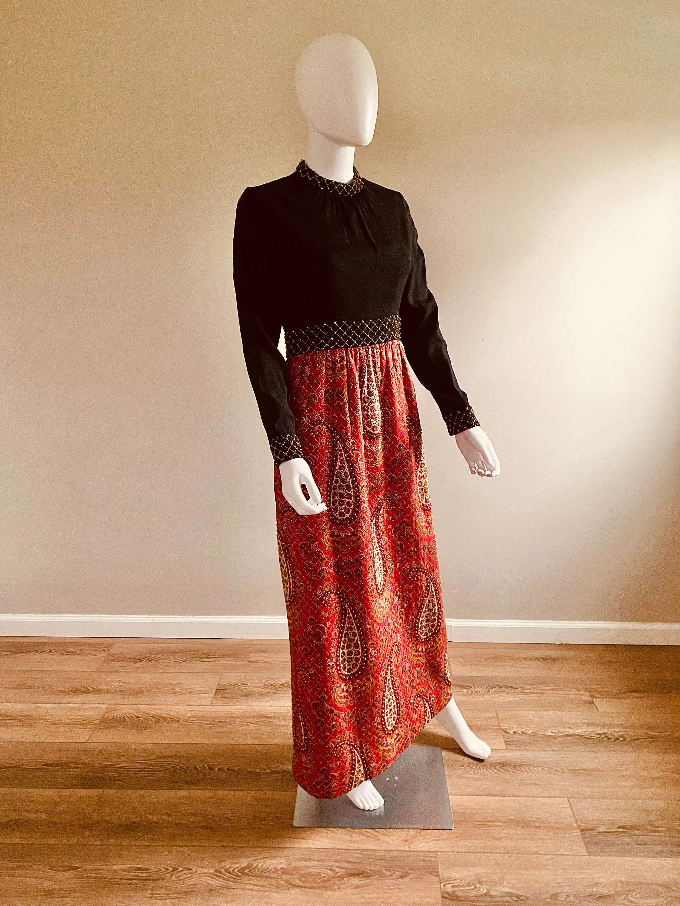 Vintage 1970s Studded Maxi Dress, 70s Donald Brooks Holiday Dress, Size S