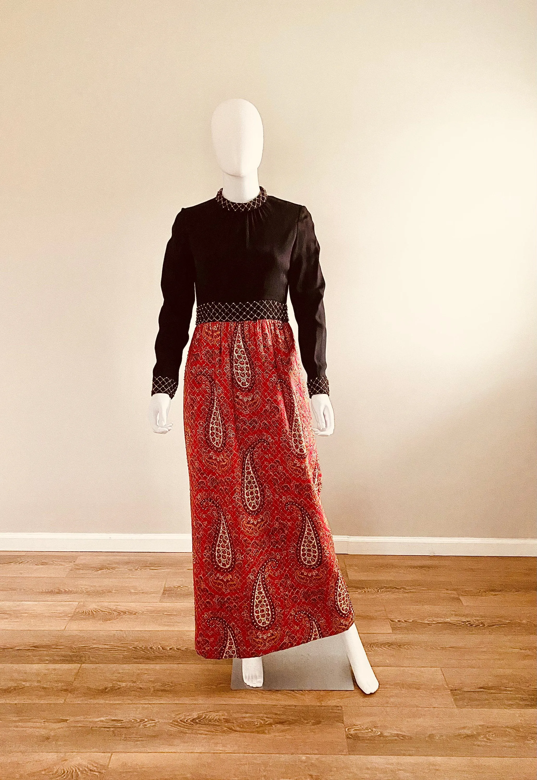 Vintage 1970s Studded Maxi Dress, 70s Donald Brooks Holiday Dress, Size S