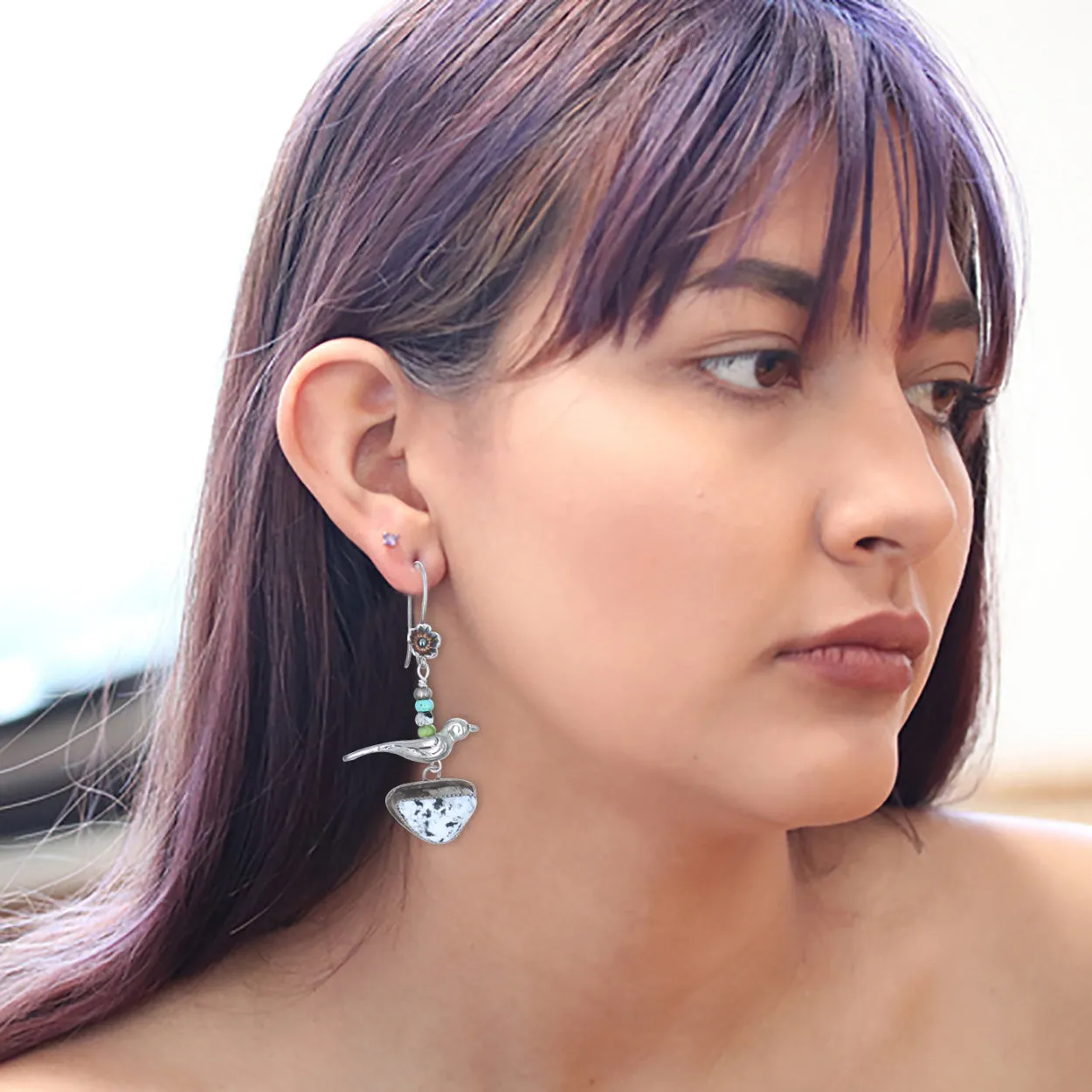 White Buffalo Sonoran Blue Turquoise Earrings Sterling Birds