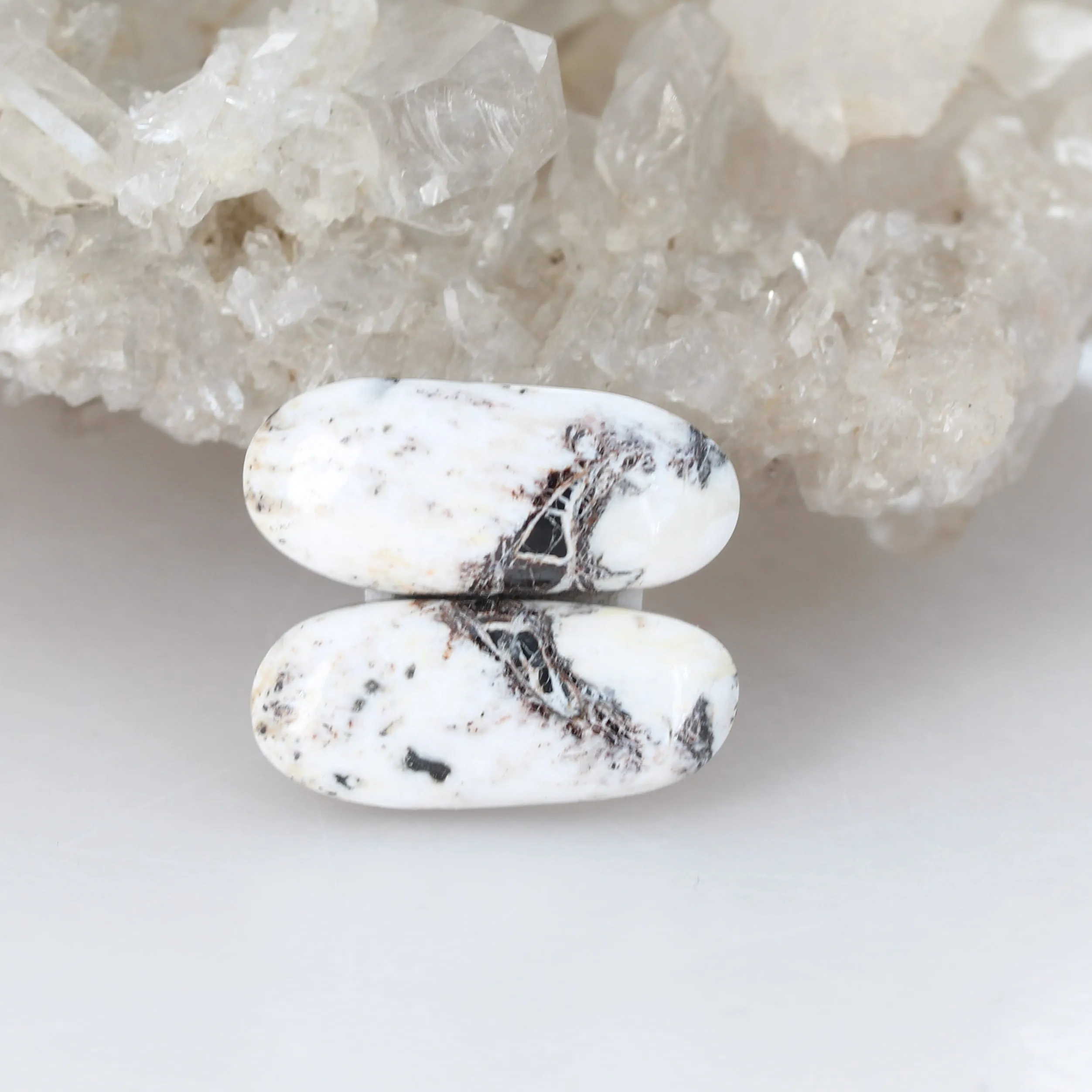 White Buffalo Turquoise Cabochon Pair, Rare, 24x8.8mm