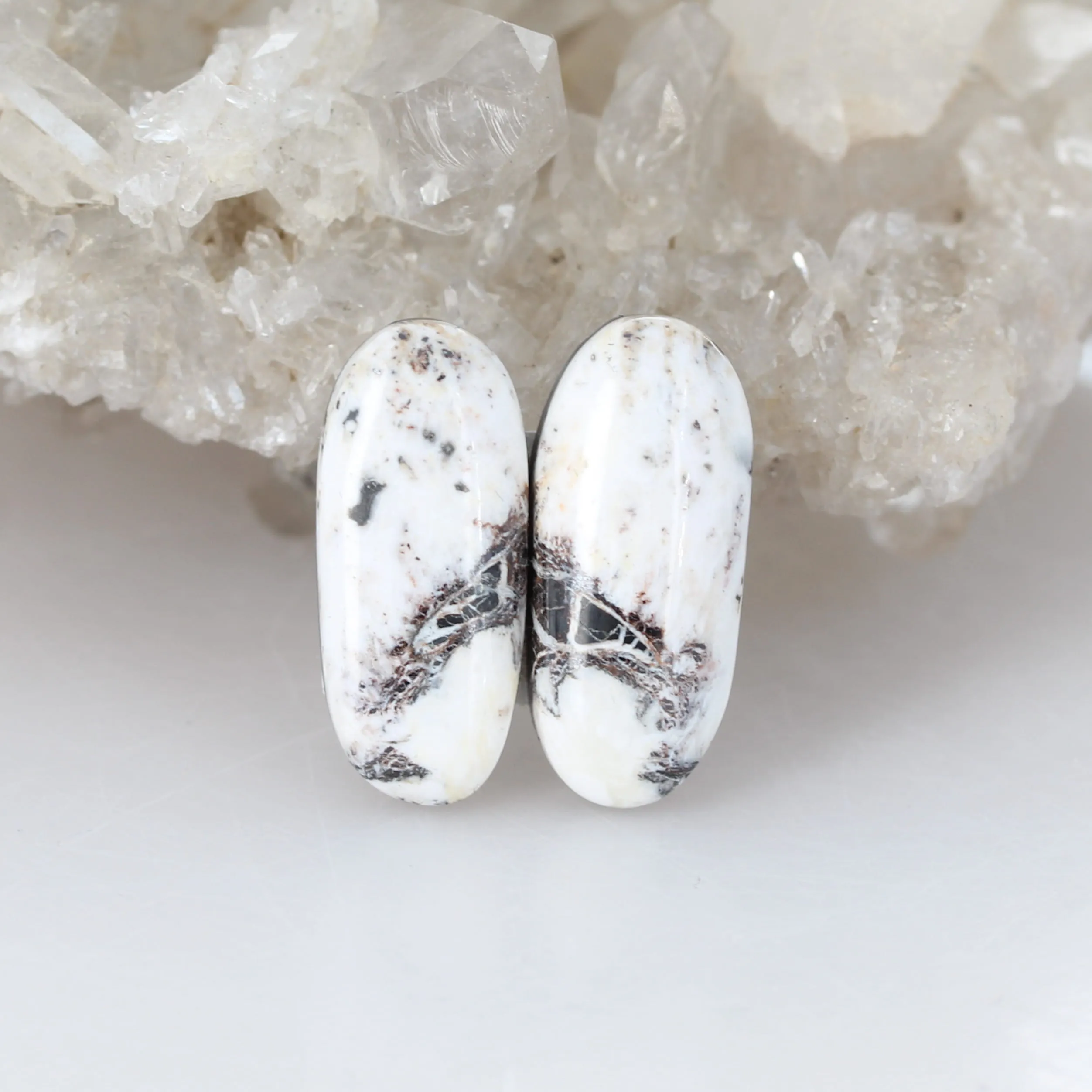 White Buffalo Turquoise Cabochon Pair, Rare, 24x8.8mm